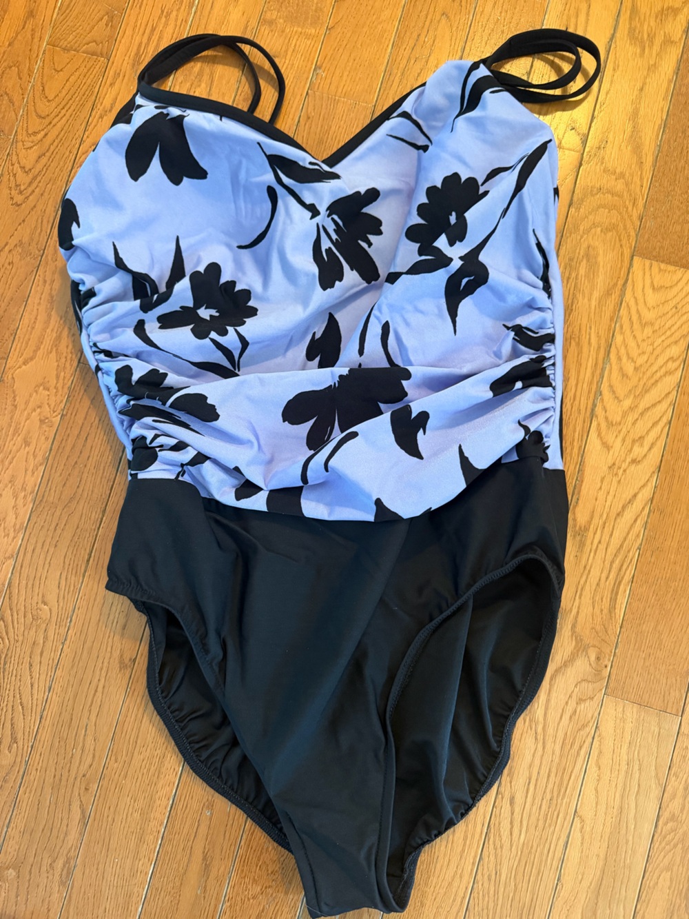 Black & Light Blue Floral One-Piece Swimsuit - Ruched Tummy Control